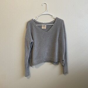 Hollister Casual Surf Rib Gray V Neck Sweater‎ Small Comfy Boho Fit Oversize Y2K